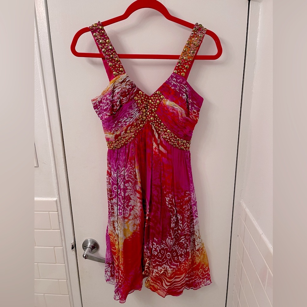 Fuschia Cache Patterned Embellished Silk Dress